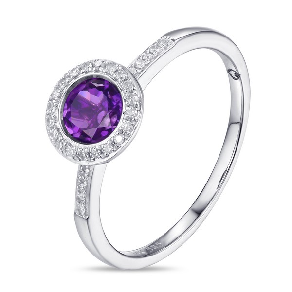 Lūvente 14kt White Gold Diamond and Amethyst Bezel Set Ring